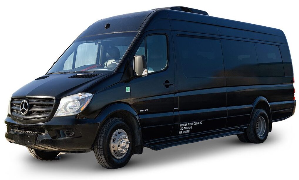 06-Van-jpg Black Mercedes-Benz Sprinter van, side view.
