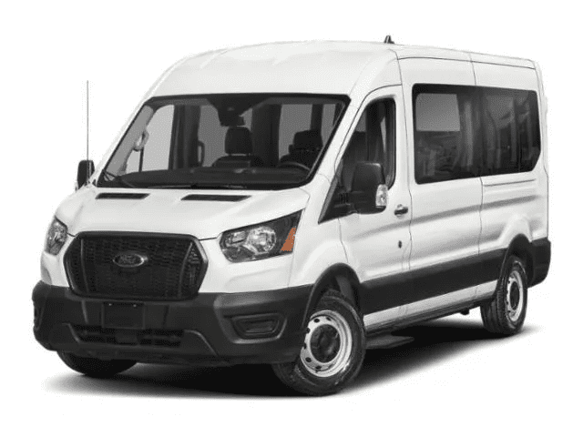 blob-8b2c17b A white Ford Transit cargo van with black front bumper and side mirrors.
